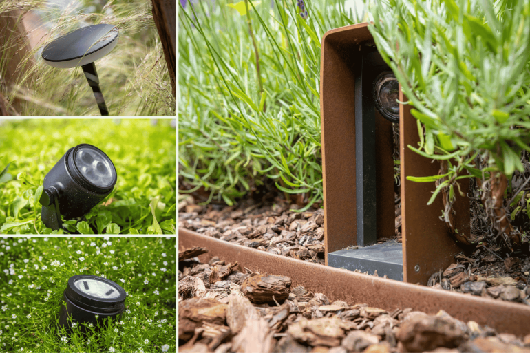 Tuinverlichting in groene tuin, hier is de in-lite sway, in-lite mini scope, in-lite scope en de in-lite ace Corten toegepast